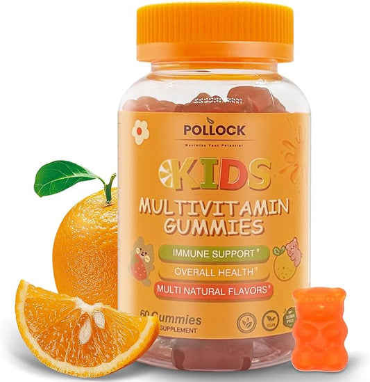 POLLOCK Bear Kids Omega-3 & Multivitamin Gummies, with Vitamin A, B5, B6, B12, C, D3, and E, Immune Support & Bone Health, Mixed Fruit Flavor, 4 Gummies per Serving, 60 Count
