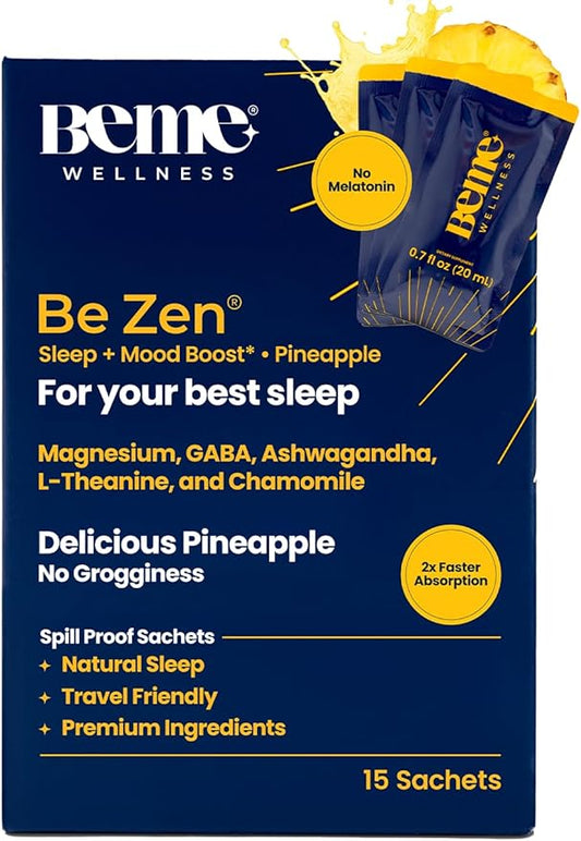 BeMe BeZen Sleep Aid Supplement Natural Without Melatonin - 2X Absorption Than Pills - Sleep aids for Adults with Magnesium, Ashwagandha, Chamomile, L-Theanine & GABA - Delicious Pineapple