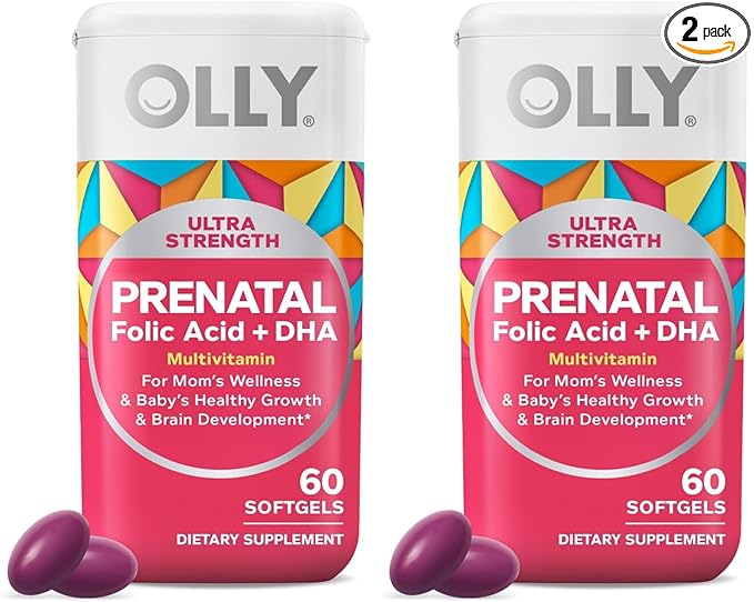 OLLY Ultra Strength Prenatal Multivitamin Softgels, Supports Healthy Growth, Brain Development, Iron, Folic Acid, DHA, Vitamins C, E, 30 Day Supply-60 Count (Pack of 2)
