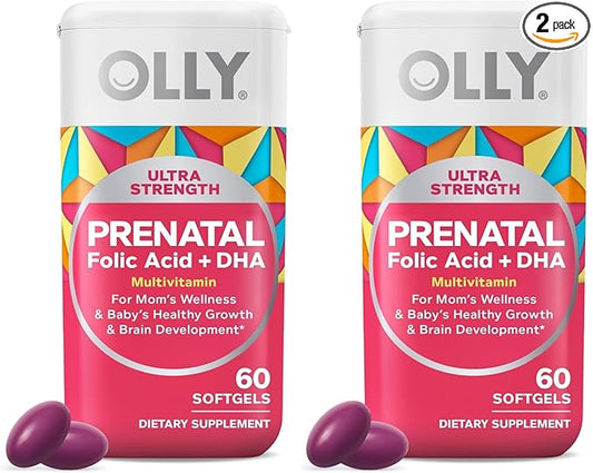 OLLY Ultra Strength Prenatal Multivitamin Softgels, Supports Healthy Growth, Brain Development, Iron, Folic Acid, DHA, Vitamins C, E, 30 Day Supply-60 Count (Pack of 2)