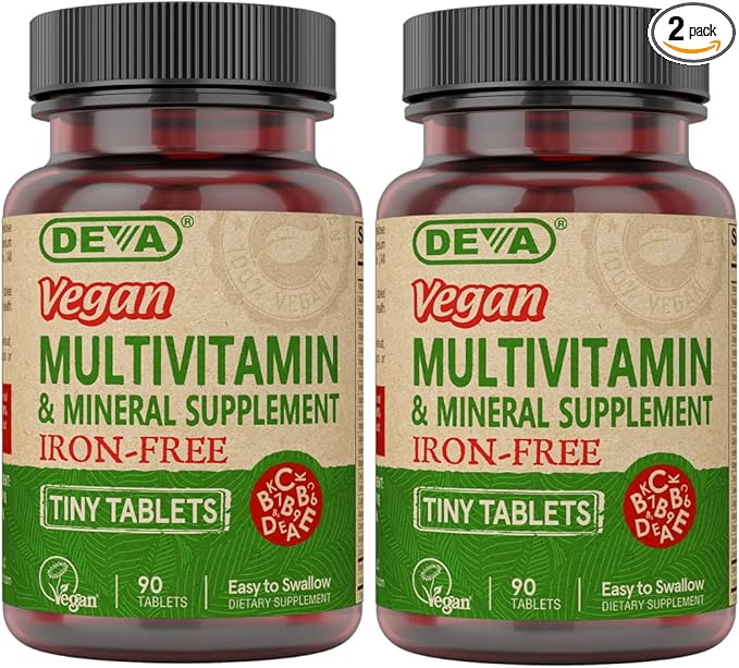 DEVA Vegan Iron-Free Multivitamin & Mineral Supplement 2-Pack, Vitamin C, D2, E & B-Complex, Biotin, 90 Tiny Tablets Each