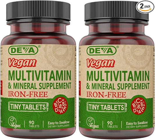 DEVA Vegan Iron-Free Multivitamin & Mineral Supplement 2-Pack, Vitamin C, D2, E & B-Complex, Biotin, 90 Tiny Tablets Each