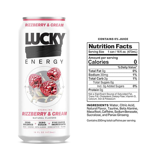Lucky Energy Sugar Free Energy Drinks 16 Fl Oz Cans (12-Pack) Rizzberry and Cream with Maca, Ginseng, Taurine, Beta-Alanine, 200mg Caffeine