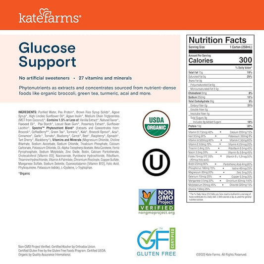 KATE FARMS Organic 1.2 Glucose Support Shake, Vanilla, 16g Protein, 27 Vitamins and Minerals, Diabetic Nutrition Meal Replacement, 8.45 oz (12 Pack)