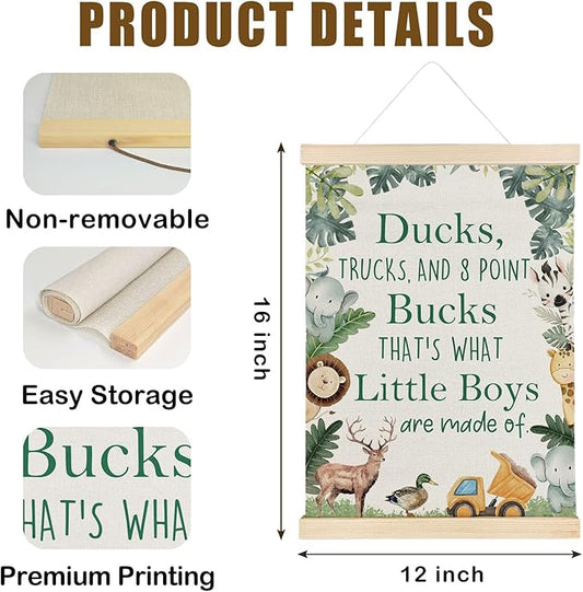 Nrleey Boy Nursery Wall Decor with Wooden Poster Hanger - Little Boy Room Decor, Woodland Baby Animal Truck Wall Art Posters for Nursery Bedroom Playroom, 12x16 Inch