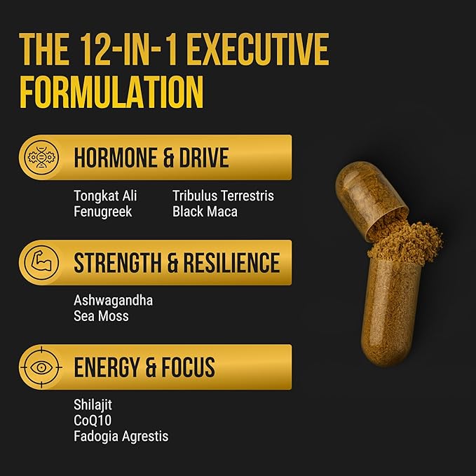 Body C.E.O Men's Dietary Supplement - 12-in-1 Male Alpha Booster with Shilajit, Ashwagandha,Tongkat Ali & More- Natural Support Energy & Vitality - 120 Cap(2 Months)