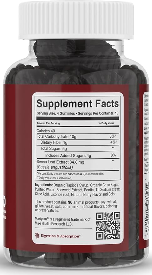 Maxi Health Natural Laxative Gummies for Adults and Kids – Non-GMO and Vegan Senna Stool Softener Gummies – Berry Flavor Chewable Laxatives for Constipation Support (60 Count, Pack of 2)