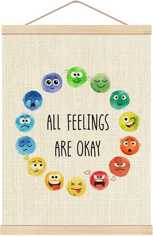 HKTZM Feelings Chart for Kids, All Feelings are Okay Mental Health Poster Hanger Frame 12.5×17 Inch, Feelings Emotions Wheel Chart Hanging Wall Art Decor for School Classroom Kids Room