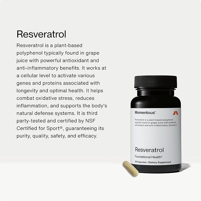 Momentous Resveratrol Supplement 450 mg - Trans-Resveratrol for Healthy Aging, Brain, & Heart Support - NSF Certified for Sport - GMO- & Gluten-Free - 30 Servings
