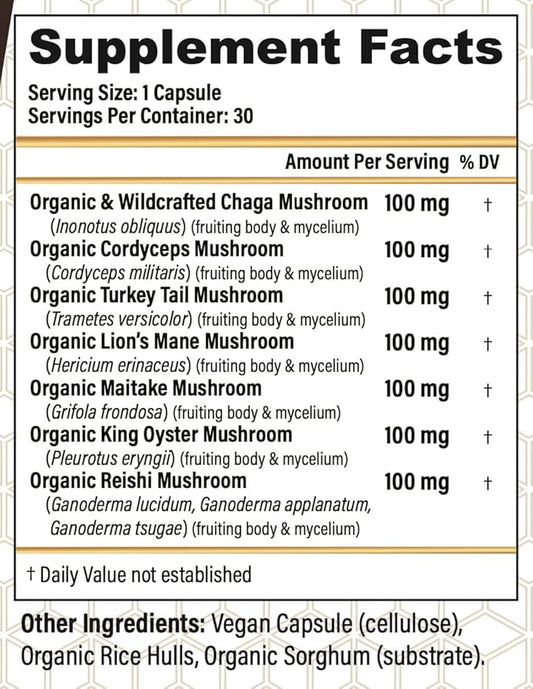CHOQ Seven Wonders Organic Mushroom Complex - Lions Mane, Reishi, Chaga, Cordyceps - Immune Support Stress Relief Natural Energy - 30 Caps