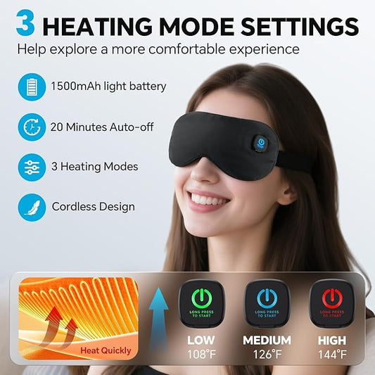 Heated Eye Mask for Dry Eyes Relief, Cordless Eye Mask with 3 Heat Settings, Washable Eye Cover, Warm Heating Pad for Stye Eye Treatment & Travel Use