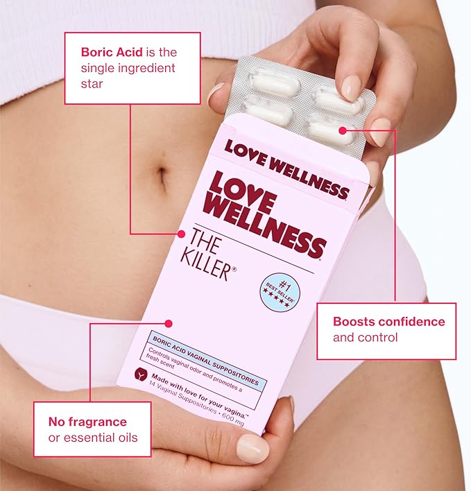 Love Wellness The Killer | Boric Acid Vaginal Suppositories | Balances pH & Supports Odor Control, a Healthy Vaginal Balance and Environment | Fast-Acting & Fragrance-Free | Gentle & Effective | 14 Ct