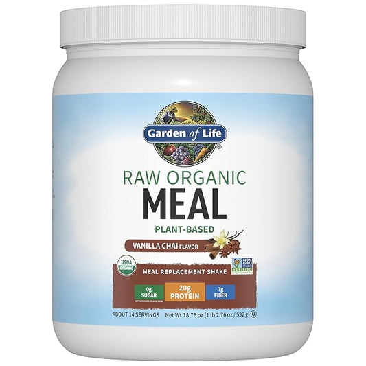 Garden of Life Meal Replacement Shakes, Vegan Protein Powder, Raw Organic Protein Powder, Vanilla Chai Protein Powder with Plant Based Pea Protein, Sprouts, Greens, Probiotics, Dairy Free 14 Servings