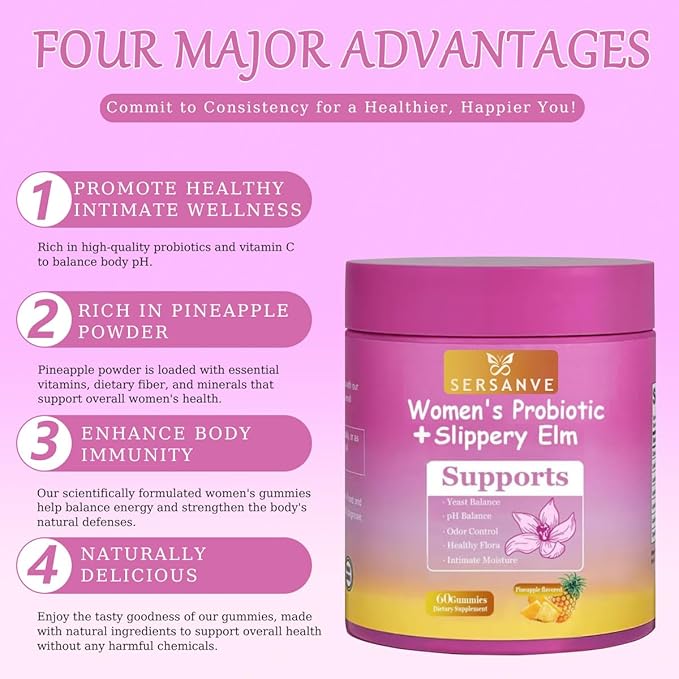Her Juicy Feminine Probiotics Gummies for Women | Pineapple Flavor | Supports pH Balance, Gut Health & Immune System | with Slippery Elm, Vegan