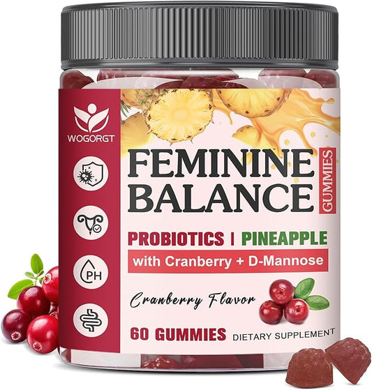 Premium Feminine Balance Gummies for Women - Pineapple Probiotics Gummies with Cranberry Extract and D-Mannose, pH Balance Support, Freshness, Sugar Free, Vegan, Cranberry Flavor - 60 Gummies