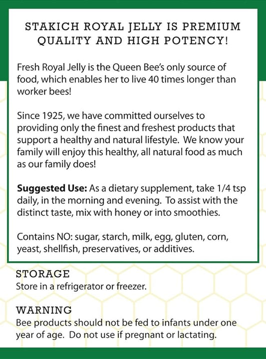 Stakich Fresh Royal Jelly - Pure, All Natural - No Additives/Flavors/Preservatives Added - 8 Ounce (227 Gram)