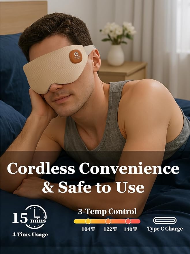 Cordless Heated Eye Mask, Warm Eye Compress for Dry Eyes, Light Blocking Heat Eye Mask for Women Men, Washable Eye Heating Pad for Travel, Dry Eyes, Blepharitis, Sinus Migraine (Beige White)