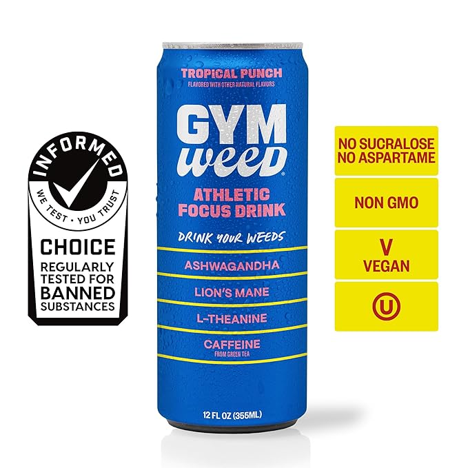 GYM WEED Athletic Focus Drink with KSM-66 Ashwagandha, Lion's Mane Mushroom, L-Theanine, 200mg Green Tea Caffeine with Natural Sweeteners Tropical Punch Flavor, 12 Pack