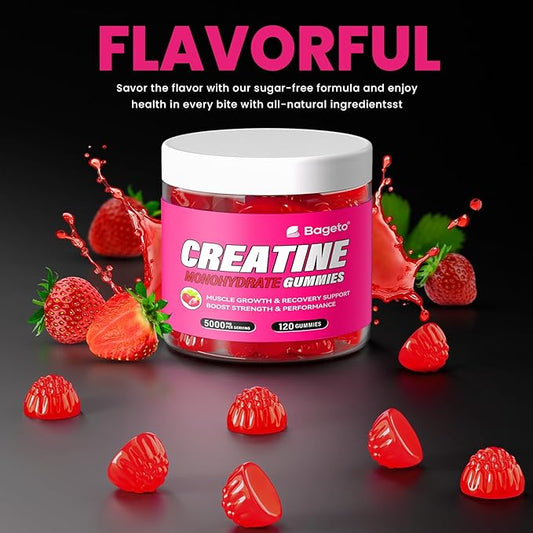 Creatine Monohydrate Gummies 5g for Men Women,Sugar Free Chewables Creatine Pre-Workout for Muscle Strength, Strawberry and Green Flavor, 120 Count