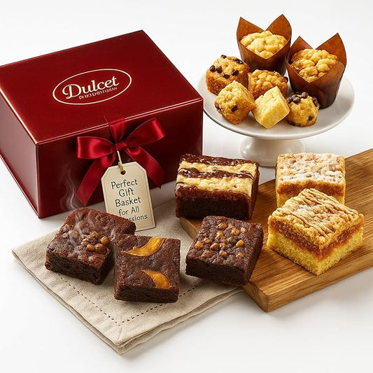Dulcet Gift Basket – Premium Freshly Gourmet Baked Goods – Gift Basket for All Types of Special Occassions - Assorted Variety of Tastes with Delicious Brownies, Crumb Cakes Rugelah, and Muffins.