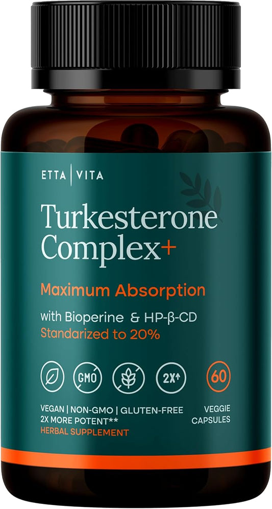 Potent Turkesterone Supplement, 2X Pure (Made in USA - 3rd Party Tested) Most Bioavailable and Natural Test Support Supplement, Supports Energy Lean Muscle Growth, Recovery and Stamina, Vegan (60ct)
