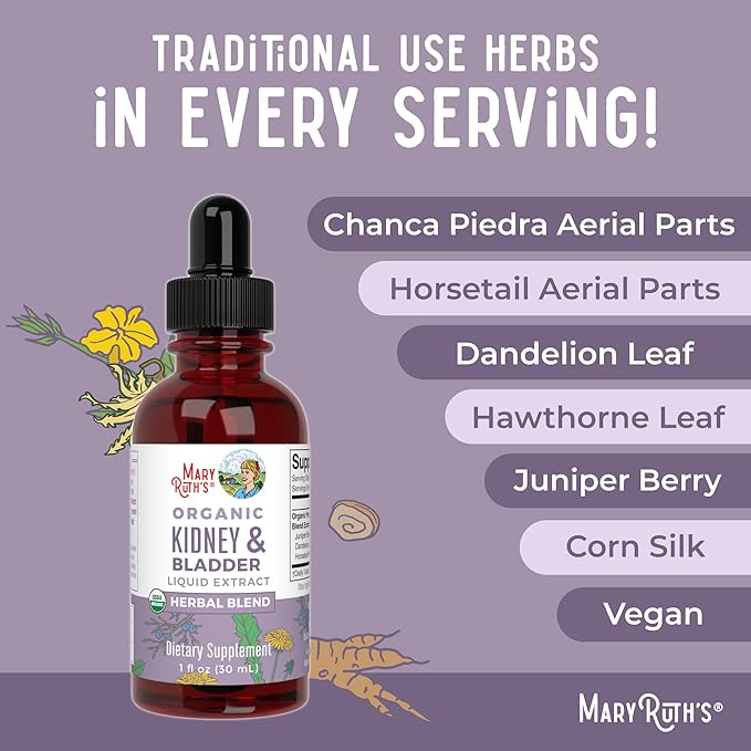MaryRuth Organics Herbal Supplement Drops | Support Renal & Urinary Systems | Juniper Berry | Cleavers | Dandelion | Hawthorn | Horsetail & Chanca Piedra | Vegan | Non-GMO | 1 Fl Oz