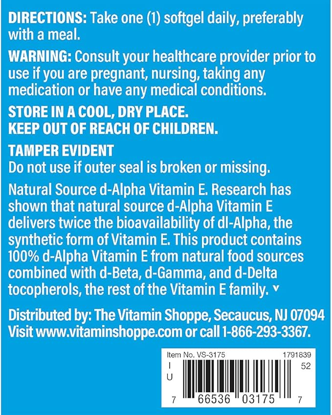 The Vitamin Shoppe Vitamin E 1,000IU - Natural Source, Supports Healthy Cardiovascular System, Immune Health & Eye Health - Once Daily (240 Softgels)