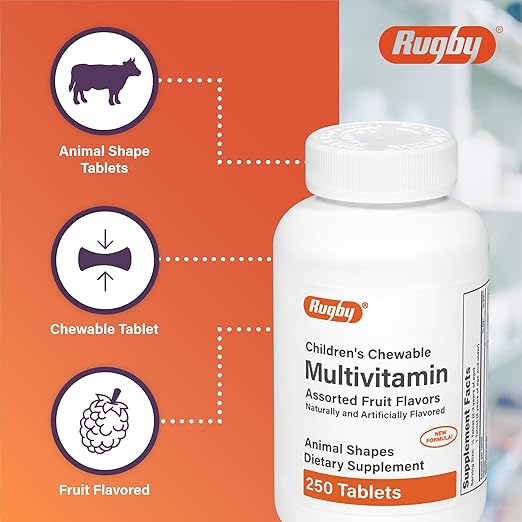 Rugby Children’s Chewable Multivitamin Tablets - Dietary Supplement - Assorted Fruit Flavors - Animal Shapes - 250 Count (1 Pack)