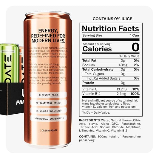 Drink Update Energy Drink with Paraxanthine - Jitter Free, Crash Free, No Overstimulation, No Withdrawal - Caffeine and Sugar Free (Variety, 12 Pack)