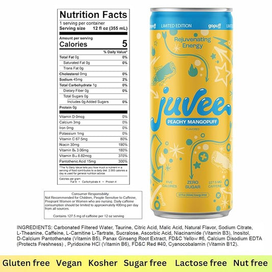 Juvee Rejuvenating Energy Drink. Sugar Free Energy Drinks. Taurine, Vitamin B12, Vitamin B6. 128 Mg Of Caffeine. L-Theanine For Mood Support. Panax Ginseng For Focus. Vitamin C For Immune Support. Gluten Free 12 oz - 12 Pack - Peachy Mangopuff
