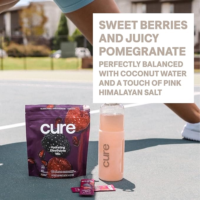Cure Hydration | Plant-Based Electrolyte Drink Mix | No Added Sugar | FSA-HSA | Dehydration Relief Powder Made with Coconut Water | Non-GMO | Vegan | 28 Servings Jar - Berry Pomegranate