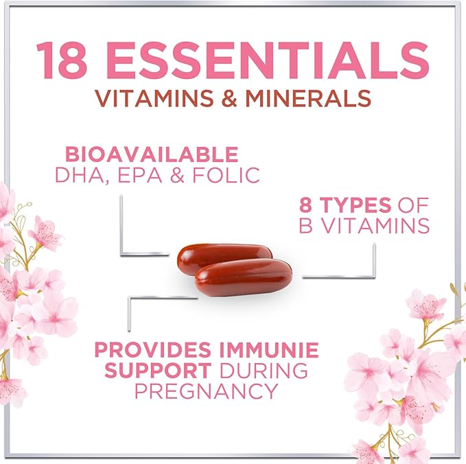 Prenatal Vitamins For Women With Folic Acid, DHA & Iron - Women's Prenatal Multivitamin, Essential Pre Natal Vitamins with Folate, Omega 3, D3, B12, Pregnancy Supplement for Mom & Baby - 60 Softgels