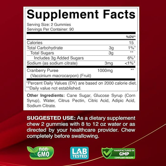 Cranberry Gummies Urinary Tract Health Supplement - 1000mg - 180 Pectin Based Gummies
