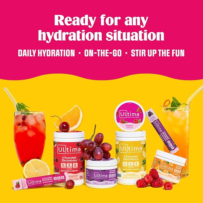 Ultima Replenisher Daily Electrolyte Powder Drink Mix – Sugar Free – Raspberry, 20 Stickpacks – Hydration Packets with 6 Key Electrolytes and Trace Minerals – Keto Friendly, Vegan, Non-GMO