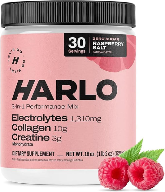 Harlo - Raspberry Salt Electrolyte Drink Mix with Bovine Collagen & Creatine- Creatine Monohydrate Powder - Energy Drink Powder - Pre Workout Powder - Sugar Free Energy Drinks - Post Workout Recovery