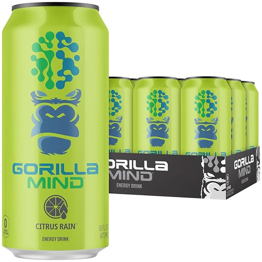 Gorilla Mind Energy Drink | Unmatched Energy · Amplified Focus | N-Acetyl-L-Tyrosine, Alpha-GPC, 200mg Caffeine, Uridine, Saffron | 0 Sugar Or Artificial Colors | 16oz, 12-Pack (Citrus Rain)