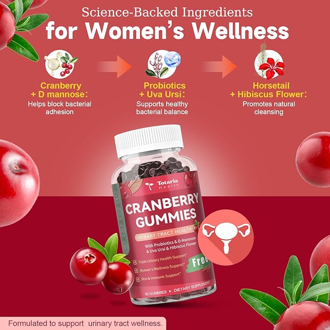 2 Pack Vegan Cranberry Gummies with D-Mannose, Probiotic & Vitamin C & Uva Ursi - Women Urinary Tract Health & Immune Support -Suger Free Cranberry Supplements for Women - 120 Count