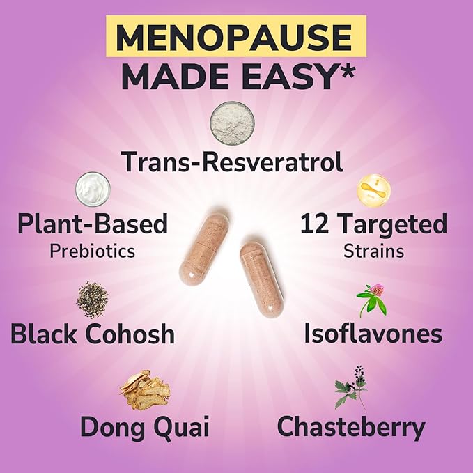 Menopause Probiotics for Women 70 Billion CFU, 12 Targeted Strains, Organic Prebiotics, Black Cohosh Resveratrol Red Clover Chasteberry Dong Quai, Hot Flash Night Sweat+, No Estrogen, 30 Ct