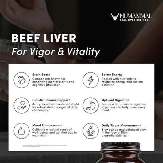 Humanimal Beef Liver Supplement | Nutrient-Dense Beef Liver Capsules | 100% Grass-Fed & Finished, Freeze-Dried | Boosts Energy Levels, Focus, Skin Health & Liver Function | Non-GMO, 180 Capsules