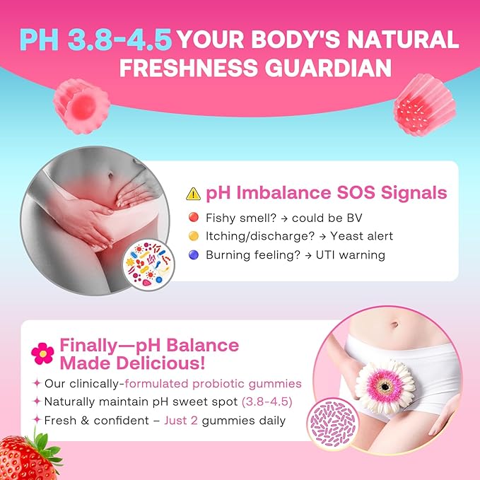 Feminine Balance Gummies for Women, Premium Ph Balance Gummies with Probiotic for Vaginal Flora Balance, Immune Support Supplement, Gluten-Free, Strawberry Flavor with Liquid Filled, 120 Count