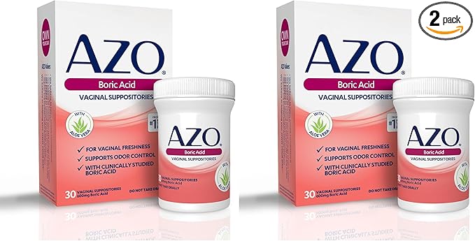AZO Boric Acid Vaginal Suppositories, Helps Support Odor Control and Balance Vaginal PH with Clinically Studied Boric Acid, Non-GMO, 30 Count (Pack of 2)