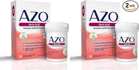 AZO Boric Acid Vaginal Suppositories, Helps Support Odor Control and Balance Vaginal PH with Clinically Studied Boric Acid, Non-GMO, 30 Count (Pack of 2)