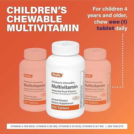 Rugby Children’s Chewable Multivitamin Tablets - Dietary Supplement - Assorted Fruit Flavors - Animal Shapes - 250 Count (1 Pack)