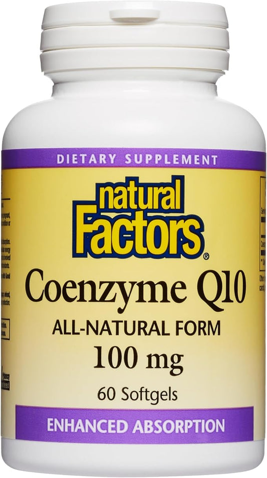 Natural Factors Coenzyme Q10 100 mg, Natural Coenzyme Q10 Supplement for Energy, Heart and Cognitive Support, 60 Softgels