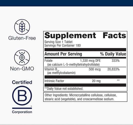 Metagenics Intrinsi Vitamin B12-Folate - Nervous System & Heart Health Support* - With Intrinsic Factor for Absorption* - Vitamin B12 & Folate - Methylcobalamin - 180 Tablets