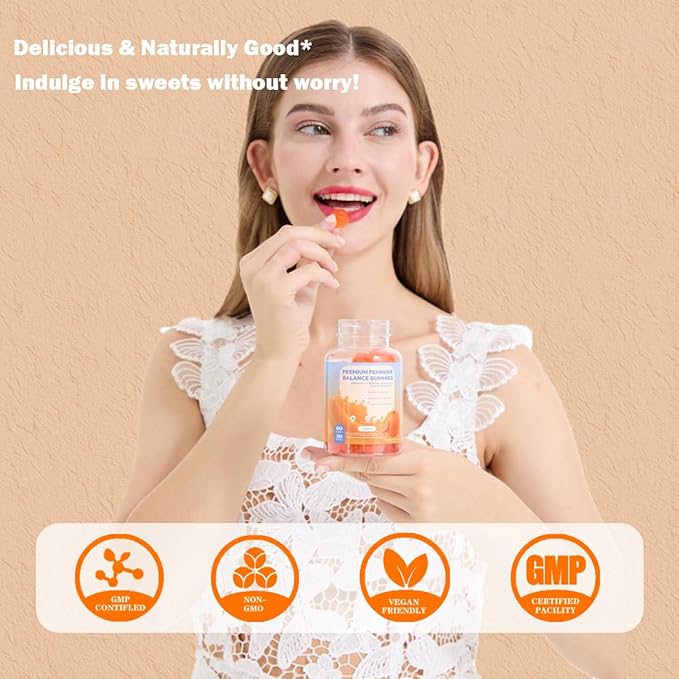 Premium Feminine Balance Gummies – Probiotic for Women’s pH Balance & Odor Control Suppert Vaginal Health,Natural Orange Flavor Vegan, Gluten-Free, 60 Count