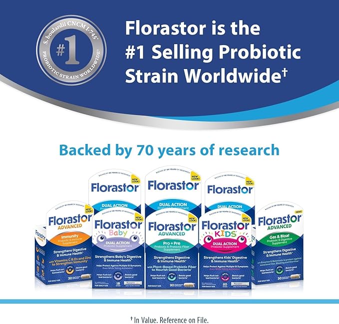 Florastor Advanced Gas and Bloat Probiotic, Digestive Enzymes and Botanicals, Plus Probiotics for Digestive Health, 30 Capsules