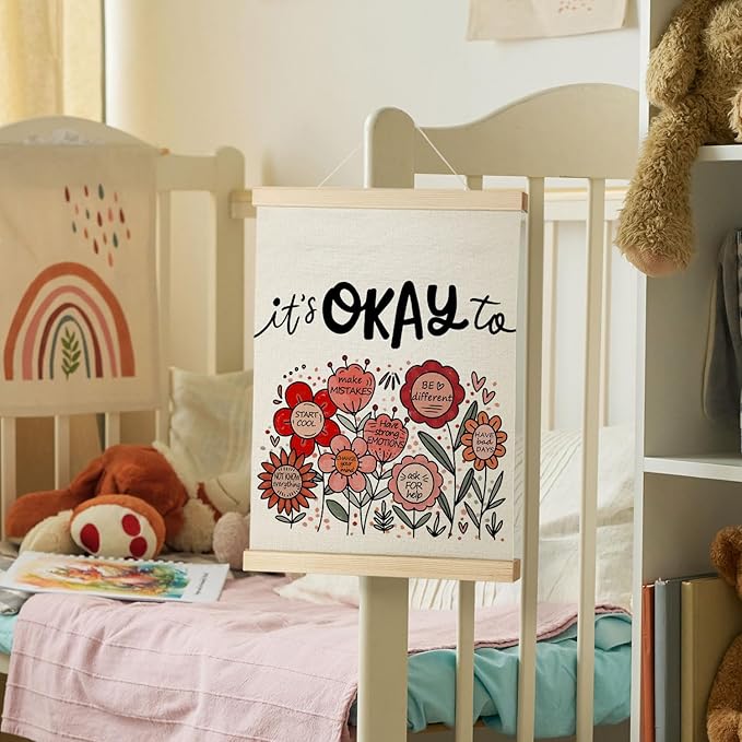 Nrleey It’s Okay to Inspirational Wall Decor with Wooden Poster Hanger - Therapy Office Decor, Boho Floral Mental Health Wall Art Posters for Counseling Therapist Office, 12x16 Inch