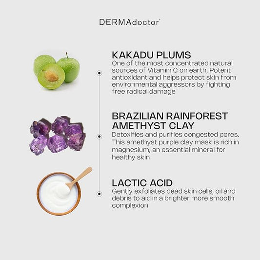 DERMAdoctor Kakadu C Dermatologist Formulated Amethyst Clay Detox Mask; Vitamin C Clay Face Mask for Dark Spots, Dull Skin, Oil Control and Refining Pores - 1.69 oz