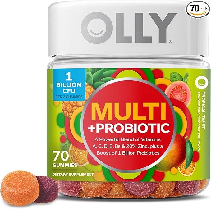 OLLY Multi + Probiotic Adult Multivitamin Gummy, 1 Billion CFUs, Digestive and Immune Support Chewable Supplement, Tropical Twist, 35 Day Supply - 70 Count